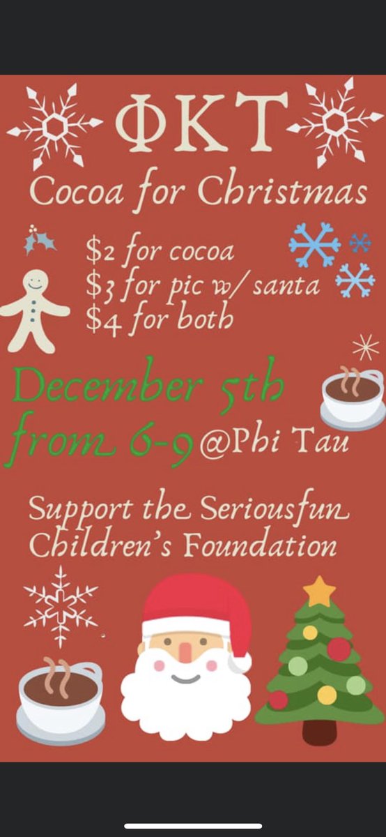 Stop by Phi Tau tomorrow night for our annual Cocoa for Christmas philanthropy! ☕️🎅🏻