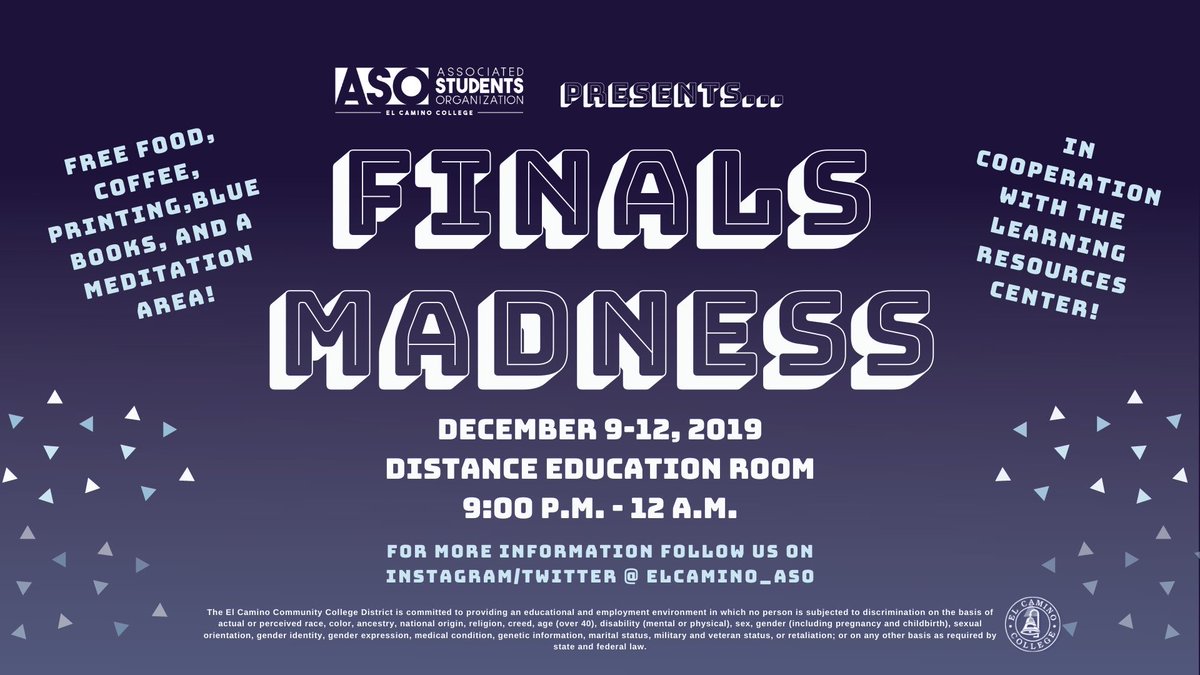 Eccuniondiamond's tweet photo. Extended campus hours and free food available for students to study for finals next week in the @elcaminocollege Distance Education Room from 9 p.m. to midnight. “Finals Madness” presented by @elcamino_aso will be held Dec. 9-12. #quietspace #finals #coffeetime #eccunion https://t.co/gzES51GcHy