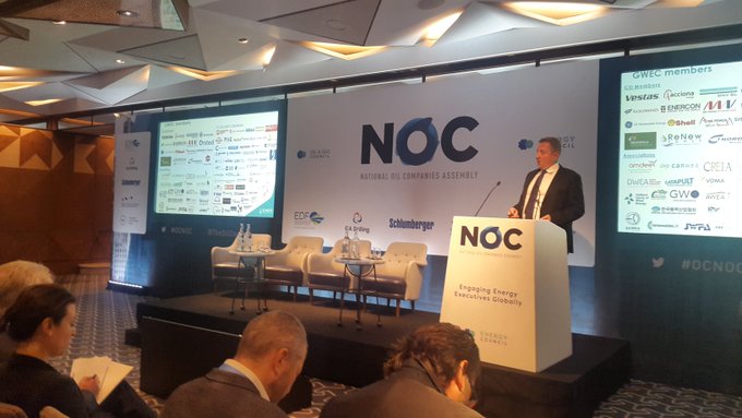 Ben Backwell from @GWECGlobalWind addressing #OCNOC on the significance of the #EnergyTransition on NOCs. The time is now for an energy transition & it affects everyone, not just O&G companies #EnergyCouncil