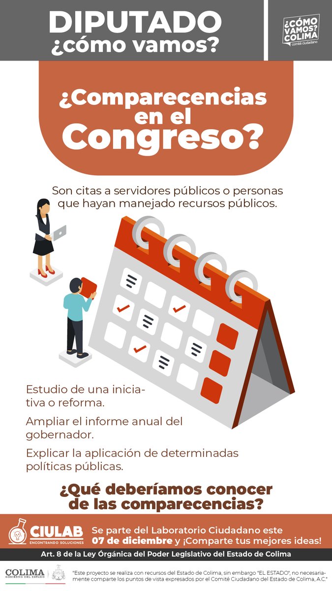 ComoVamosColima's tweet photo. Quizá has escuchado sobre las comparecencias pero, ¿sabes qué es y quiénes pueden hacer uso de ellas? #DiputadoCómoVamos
Asiste al #CiuLab Laboratorio Ciudadano, 7 de diciembre, Sala de Convenciones del Complejo Administrativo.
Más información 👉 https://t.co/X7JwvKuSxi https://t.co/3fQk1oX8dH