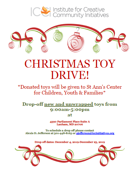 #Christmastoydrive Donate new and unwrapped toys this Christmas season to children and youth at the St. Ann’s Center. Drop-off now until the 23rd. Contact ajefferson@iccinitiatives.org to schedule a drop-off! :)