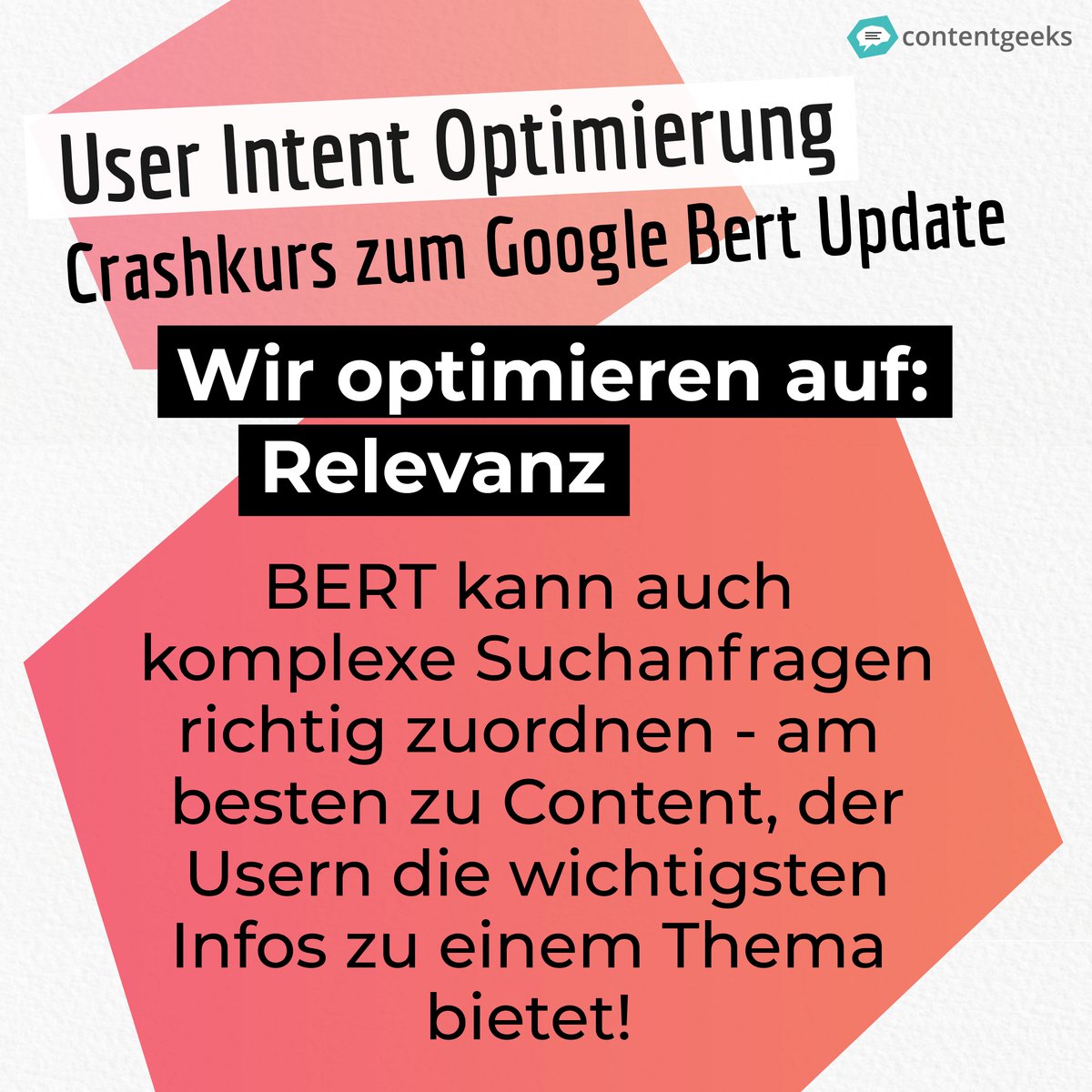 content_geeks's tweet photo. User Intent: Der Schlüssel zu gutem #content - auch mit Hinblick auf das #googlebert Update 🤓 Wir haben dazu einen kleinen Crashkurs vorbereitet. 👇

Eine ausführlichere Version unserer Tipps sowie mehr Infos zu BERT findest du in unserem aktuellen Blogpost 😉 https://t.co/hl6YQ9EeJM
