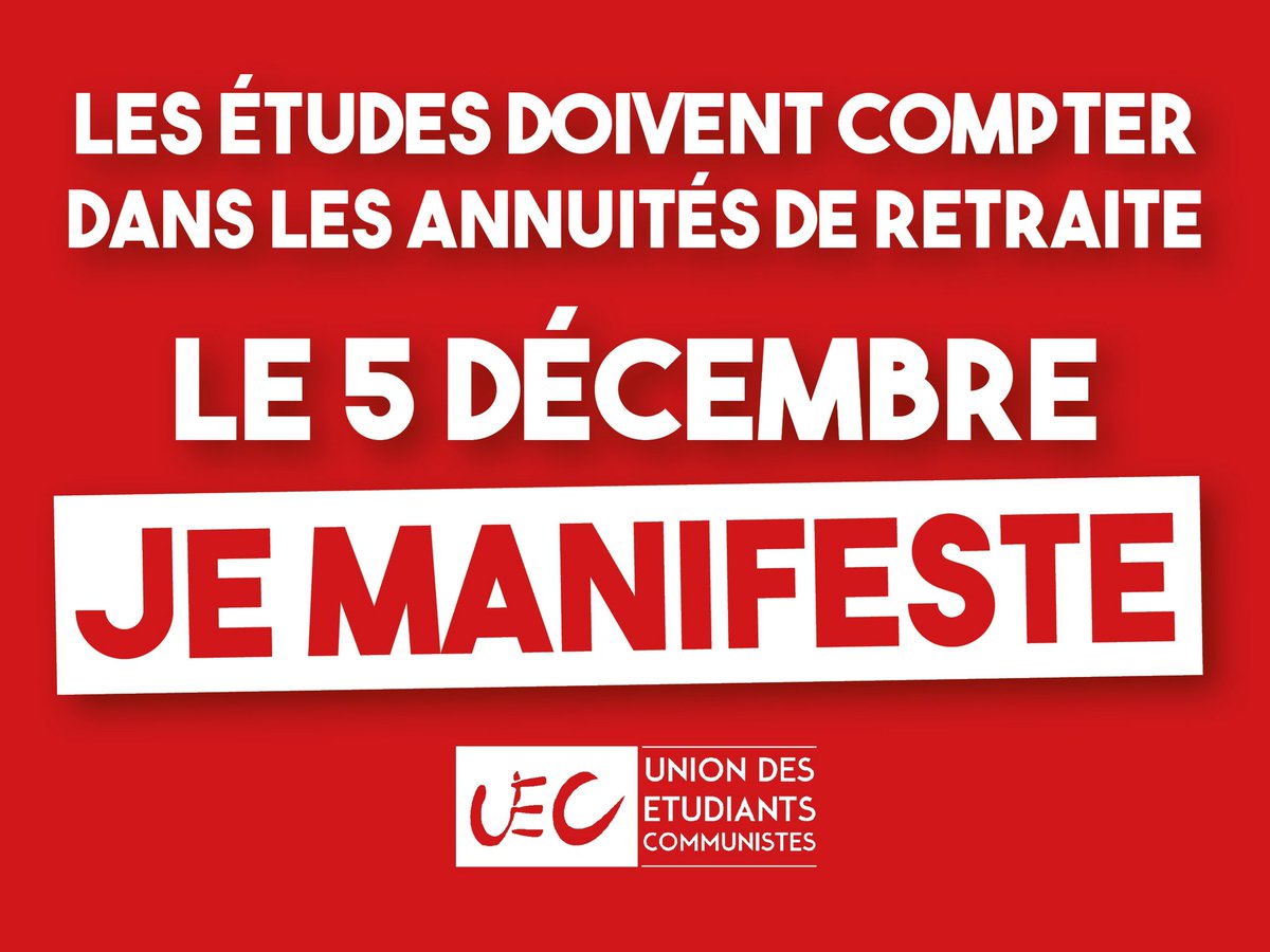UEC_org's tweet photo. Etudier c'est déjà participer à l'activité du pays. 

➡️Les années d’études doivent compter dans les annuités de retraite. 

Le 5 décembre tou.te.s dans la rue pour construire de nouvelles solidarités✊

#5decembre https://t.co/R8tUqbt56l