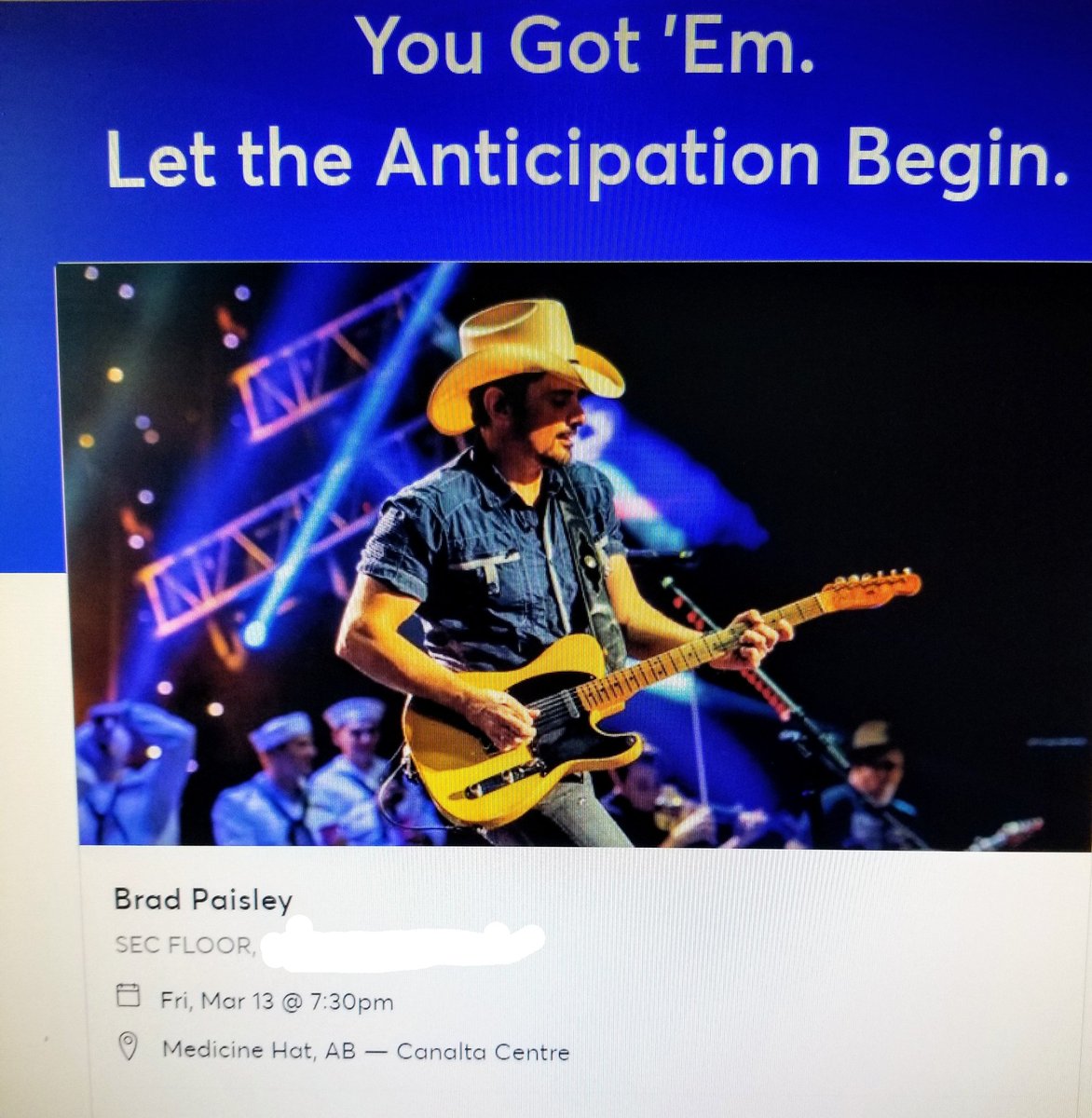 ColeenBoxell's tweet photo. I am vibrating - so excited to see @BradPaisley here in #medhat 🎉 Thank you @CHAT945 Universe for the presale today! And thank you @CanaltaCentre for scoring this huge concert! https://t.co/fXys97igTr