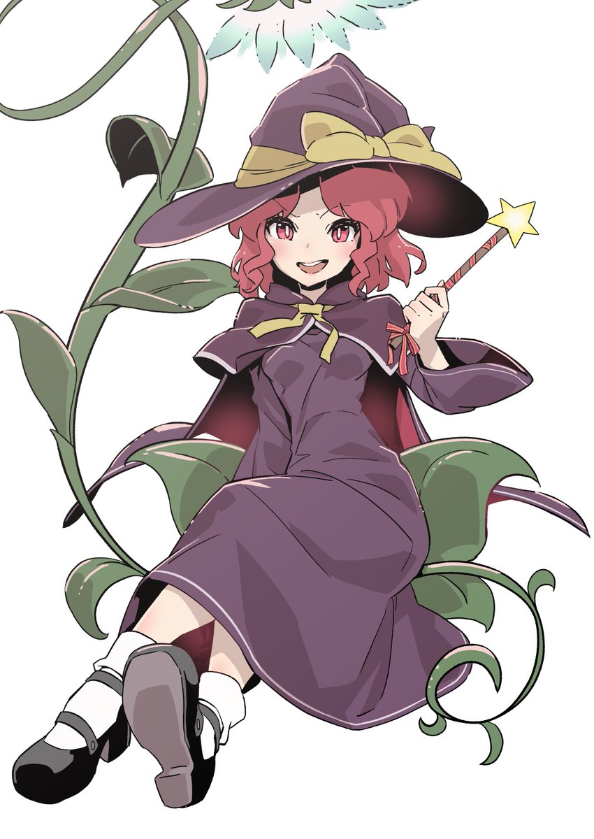 1girl hat witch hat solo wand dress red hair  illustration images