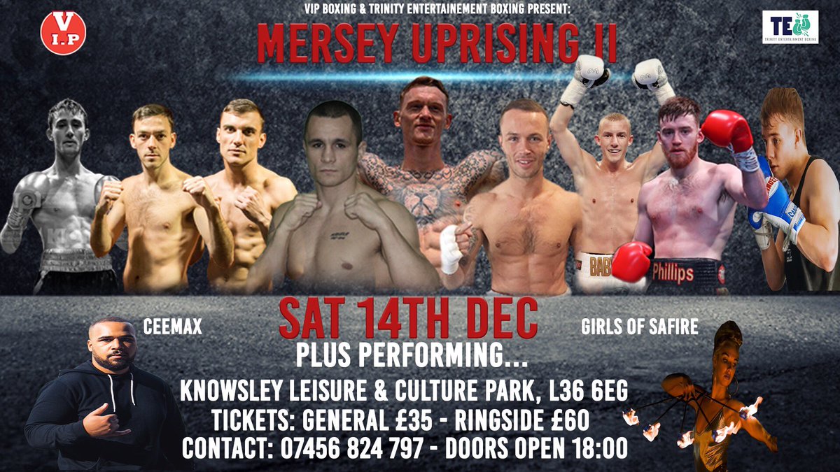 Not long till the <a href="/vipboxing/">VIPboxing</a> show with us on the 14th December with <a href="/JoeKavanagh96/">Joe Kavanagh</a> <a href="/SeanCai81300184/">Sean Cairns</a> <a href="/colinday0/">Colin Day</a> <a href="/MattyFagan4/">Matthew Fagan</a> <a href="/masoncartwright/">Mason Cartwright</a> <a href="/Boxer_Brogan/">Steve Brogan</a> @1PaulButler <a href="/brianphillips_7/">Brian Phillips</a> at the great  <a href="/VolairLeisure/">Volair</a> Knowsley venue ft Entertainment from <a href="/CEEMAX90/">CEEMAX</a> and Fire breathers