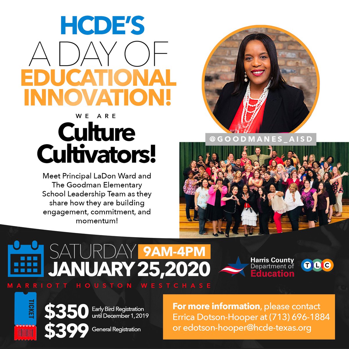AldineISD's tweet photo. LaDon Ward, Principal of Goodman Elementary, and her team are sharing creative ways to build student engagement and campus culture at the HCDE Day of Educational Innovation on Saturday, Jan. 25. This event will feature Ron Clark of the Ron Clark Academy. https://t.co/rEgre7Neby https://t.co/vMX50oeFrj