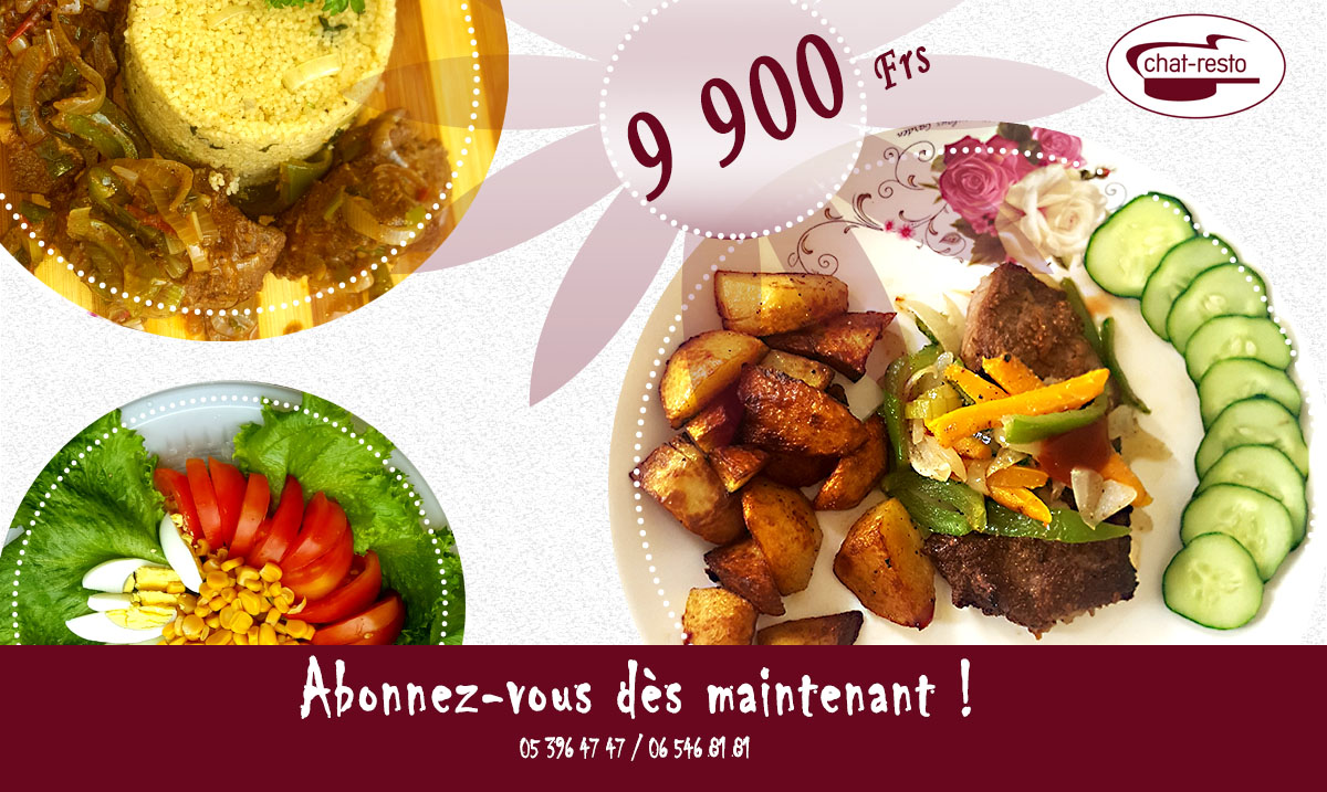 ChatResto_'s tweet photo. #ABONNEMENT#
Bénéficiez 6 plats à seulement 9 900 Francs avec possibilité de manger un plat par jour pendant
1 semaine grâce à notre :
#OFFRE ABONNEMENT

ABONNEZ-VOUS MAINTENANT AU
#06 546 81 81 / 05 396 47 47
#www.chatresto.com

Chat-Resto, les goûts du monde chez vous ! https://t.co/LUGuT8xOjY