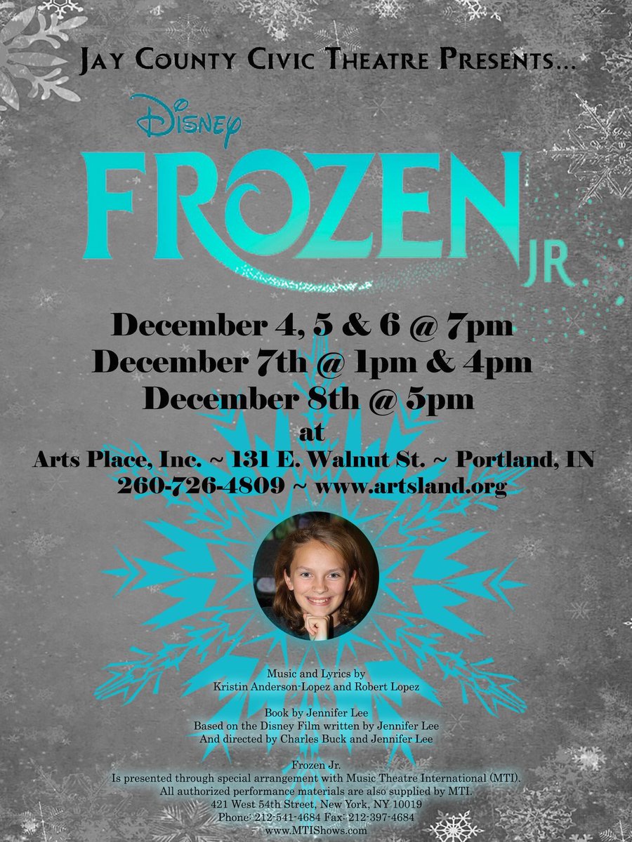 JayCountyCivic's tweet image. WE OPEN TONIGHT!

Join us for our first performance of "Frozen Jr." at 7 p.m. tonight.

Reminder: There is no intermission, so refreshments will be served prior to the show.

Reminder No. 2: "Frozen Jr." is an hour long, so even on a school night you won't be out too late