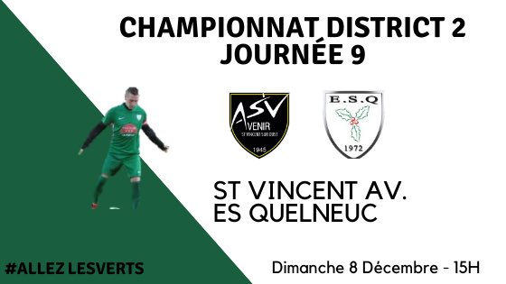 🔊 Affiches du week - end

Déplacement pour nos deux équipes ce dimanche 8 décembre !

13 H : FSM C - ES Quelneuc B 
15 H : ST Vincent Av. - ES Quelneuc 

Supporters venez nombreux pour supporter nos deux équipes !

#AllezLesVerts