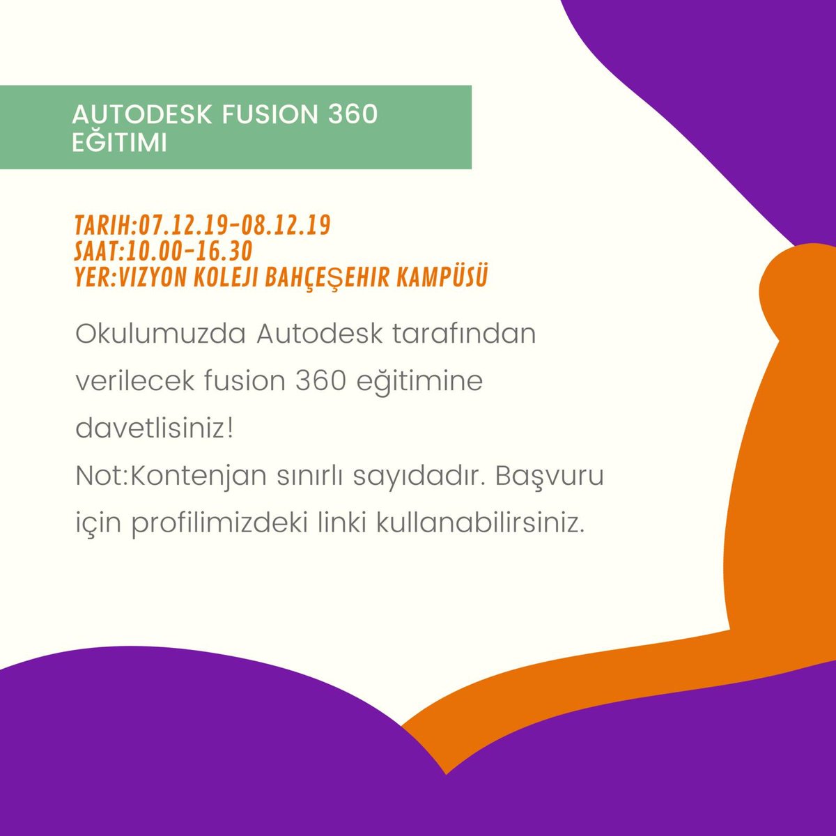 Orion Robotics takımı olarak 2019 tarihlerinde “AUTODESK FUSION 360” eğitimi düzenliyoruz.Ücretsiz gerçekleşecek etkinliğimize katılmak için linkten başvuru yapabilirsiniz. 
forms.gle/PZ3sEF3necquBv…