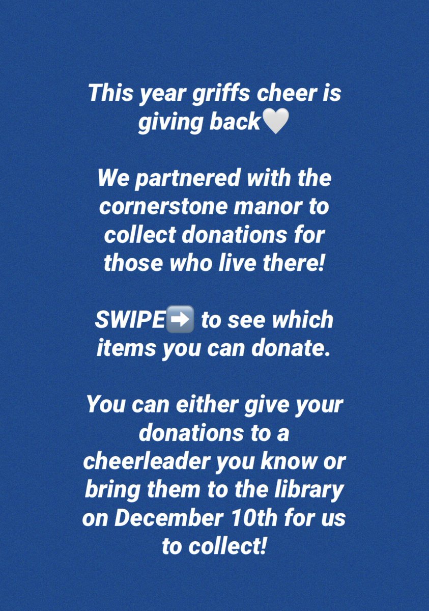 Griffs_Cheer's tweet image. Griffs Cheer is giving back!💛💙 

Family, friends and fellow Canisius students please take the time to look through this set of pictures. If you have any questions on how to donate please dm us! Anything helps! #griffsgiveback #seasonofgiving #cornerstonemanor