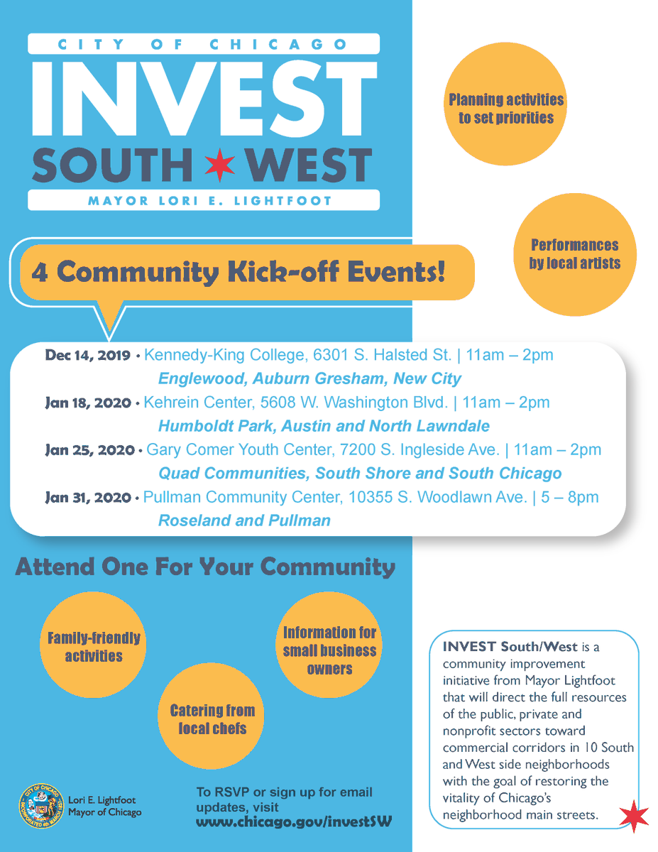 Learn more about Mayor Lightfoot's #INVESTSouthWest initiative at one of four upcoming community kickoff events. Families can enjoy food, fun, and youth activities from <a href="/ChicagoDPD/">Chicago DPD</a> and <a href="/ChicagoDCASE/">Chicago DCASE</a>. Register at chicago.gov/investsw