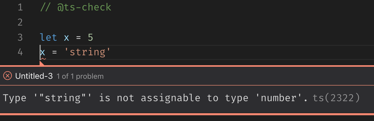 hashtagcoder's tweet image. Quick JavaScript Tip: If you're writing JavaScript in @code, add `// @ts-check` to the top of your file to gain some benefits of TypeScript checking
#vscode #javascript #typescript #programming