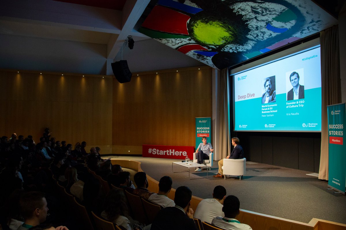 CultureTripComm's tweet photo. .@CultureTrip's CEO-Founder @KrisNaudts takes center stage for @EU_group's "Before I Was CEO" lecture series in Barcelona moderated by @petervanham #EuDigitalEra #StartHere https://t.co/35n4ymOdeI
