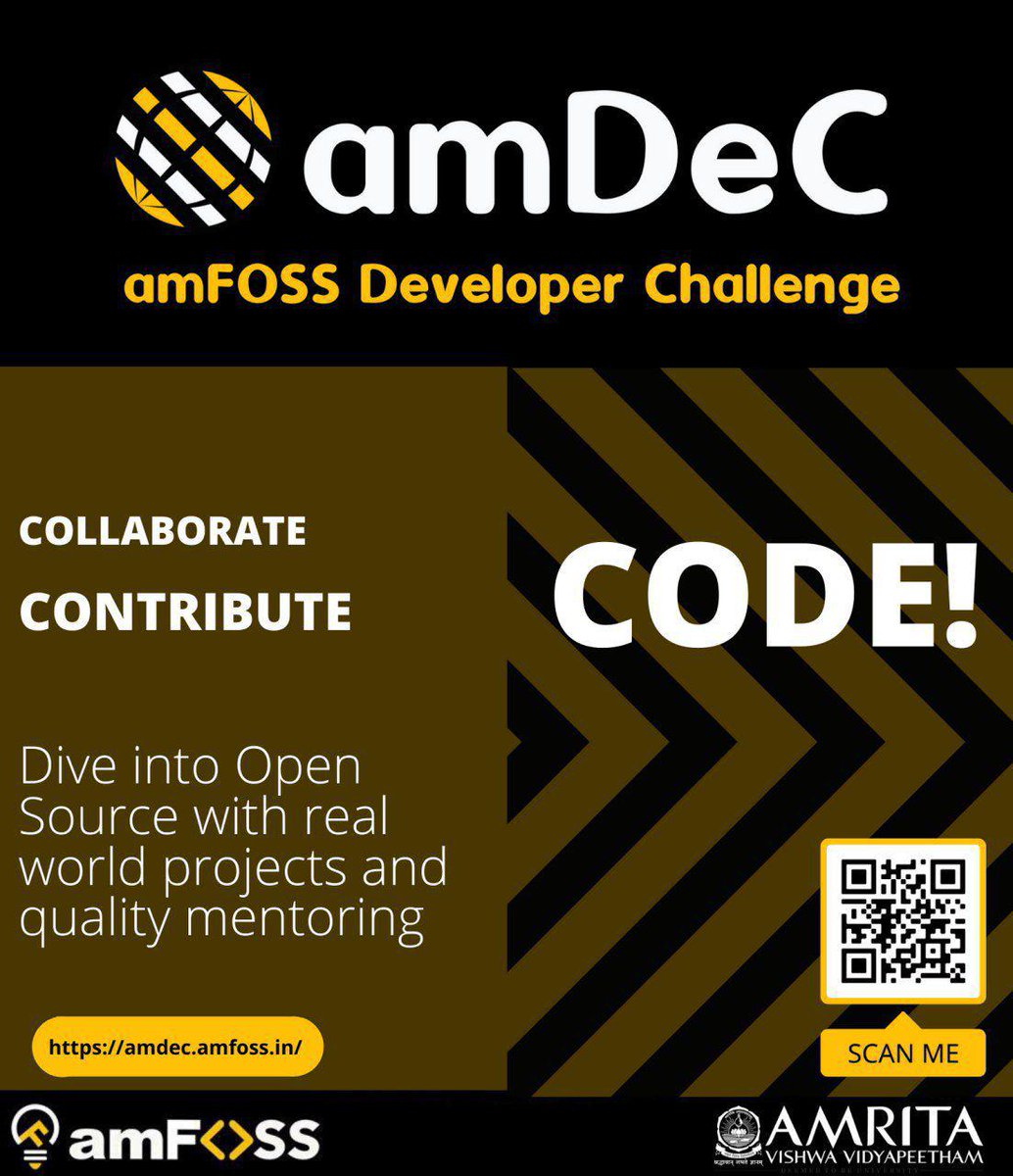 immadisairaj's tweet photo. We at @amfoss_in are happy to announce that amFOSS Developer Challenge (amDeC) is live now.
Mentors, Students and all other OpenSource enthusiast's hurry up to register at amDeC.
https://t.co/F8UaSkMxpe
#OpenSource #FOSS #amDeC https://t.co/oMtehafTcU