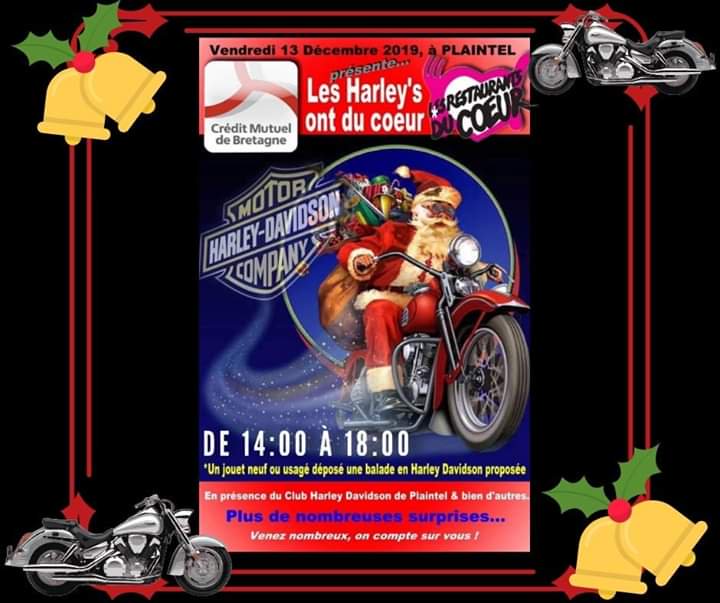 On vous attend nombreux à l'agence CMB DE Plaintel, le vendredi 13 décembre de 14h à 18h
En échange d'un jouet neuf et d'occasion,  le club Harley de Plaintel, vous propose de faire un tour de moto.
En présence de Dj john mc lane
<a href="/WeAreArkea/">WAA|Actus</a> <a href="/CreditDd22/">Crédit Mutuel DD22</a>