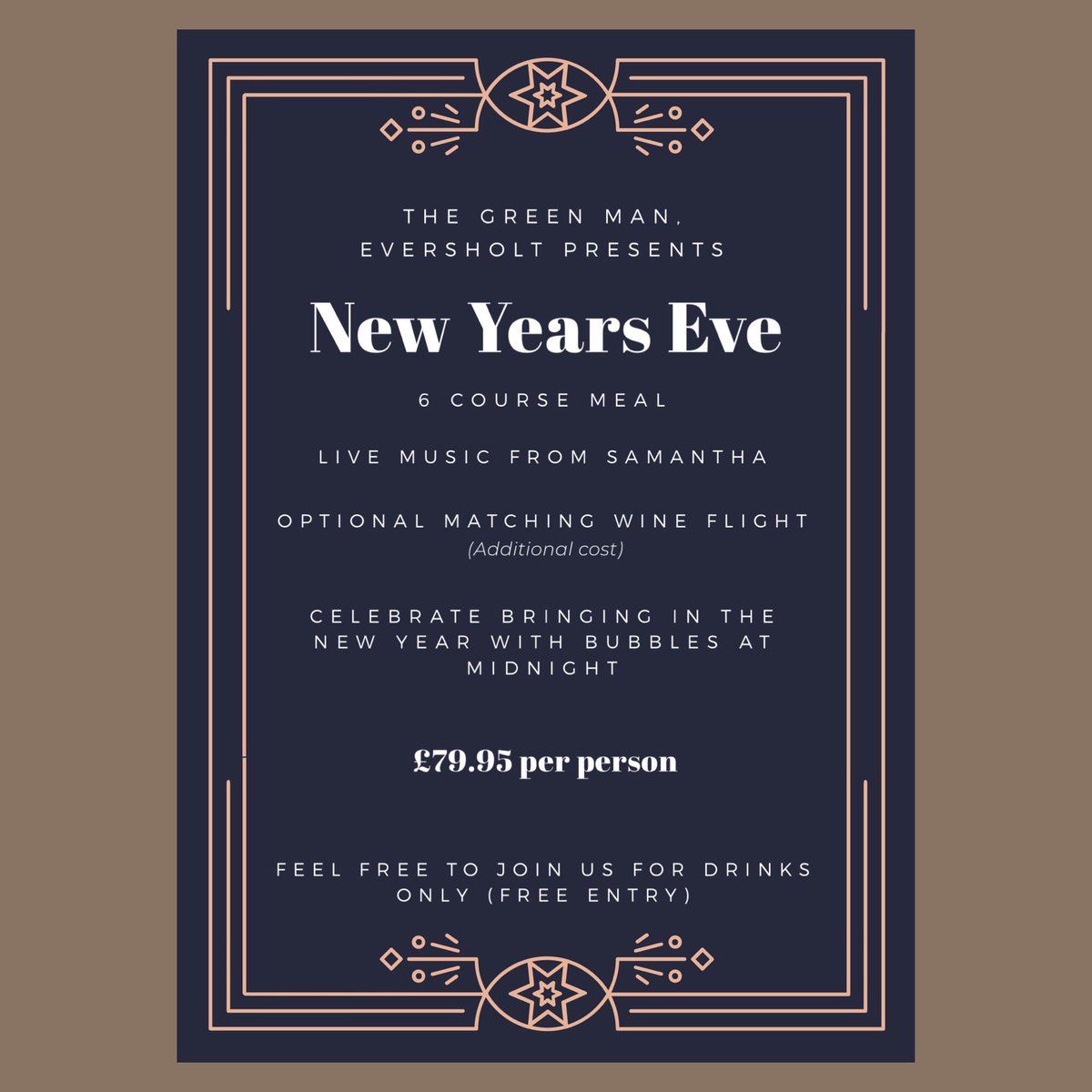 N E W  Y E A R ‘ S  E V E ✨ Come and see in the New Year with us at The Green Man! We have an amazing 6 course meal with an optional matching wine flight, live music from Samantha, bubbles at midnight plus more! For more information and to book your table, call the team!