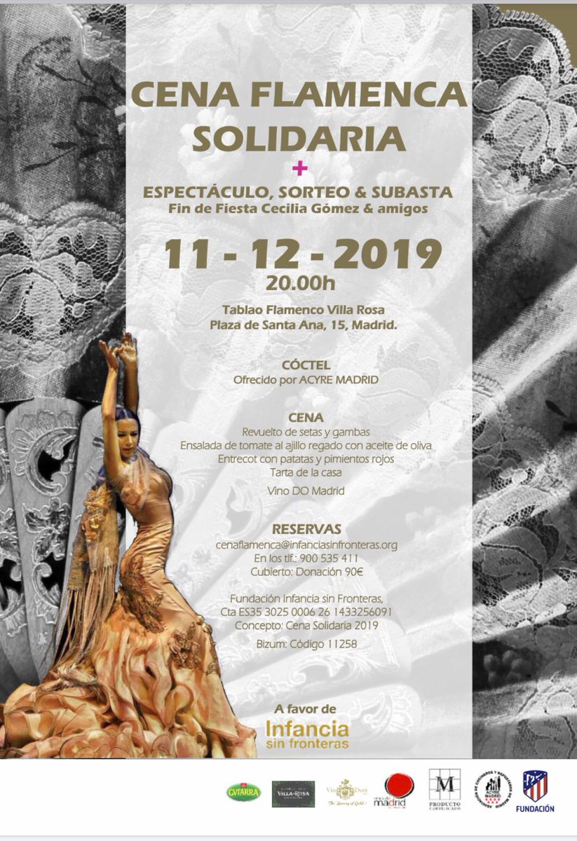 ¡Gran EVENTO💃🕺 por una gran CAUSA🧒👧!
Reserva mesa para la Cena Flamenca y Solidaria que organiza <a href="/ISF_ONGD/">InfanciasinFronteras</a> . Nuestros 👨‍🍳👩‍🍳 preparan un menú muy especial con productos de <a href="/MadridCalidad/">M Producto Certificado</a> y maridado con 🍷 <a href="/VinosdeMadridDO/">Vinos de Madrid CRDO</a> 

Reserva tu plaza:
🗓️11/12     🕗20h     ☎️900 535 411