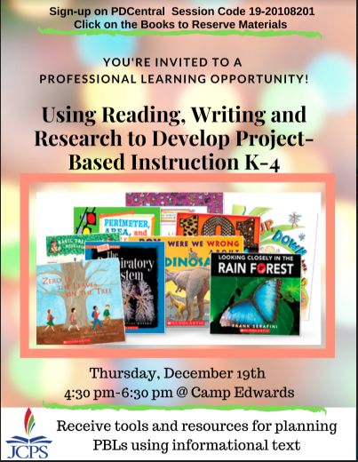 Leanna Brennick (@msbrennickela) on Twitter photo Professional Learning Opportunity and FREE Resources! Using Reading, Writing, and Research to Develop Project-Based Instruction, K-4 will be held Dec. 19th. Click the link below for details, then sign up on PD Central. <a href="/sherylbibbyJCPS/">Sheryl Smith Bibby</a> @SusanJCPS
bit.ly/PBLK-4 Professional Learning Opportunity and FREE Resources! Using Reading, Writing, and Research to Develop Project-Based Instruction, K-4 will be held Dec. 19th. Click the link below for details, then sign up on PD Central. <a href="/sherylbibbyJCPS/">Sheryl Smith Bibby</a> @SusanJCPS
bit.ly/PBLK-4