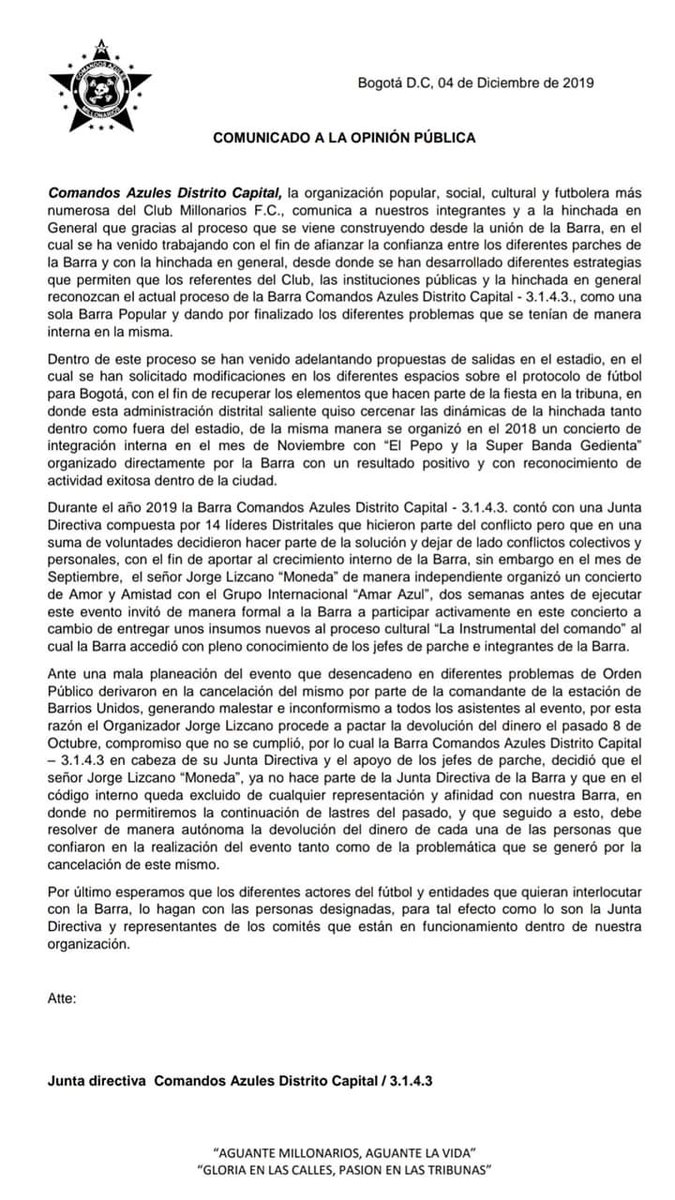 El señor Jorge Lizcano "Moneda" no pertenece más a <a href="/CADC1992oficial/">31☠️43</a> y no representa al colectivo.