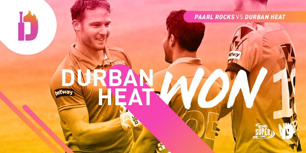 Victory! 

Durban Heat win by 6 wickets!!

A superb performance from <a href="/AlexHales1/">Alex Hales</a> 97* (55). 🏏

#MSLT20 
#HeatUp 🔥