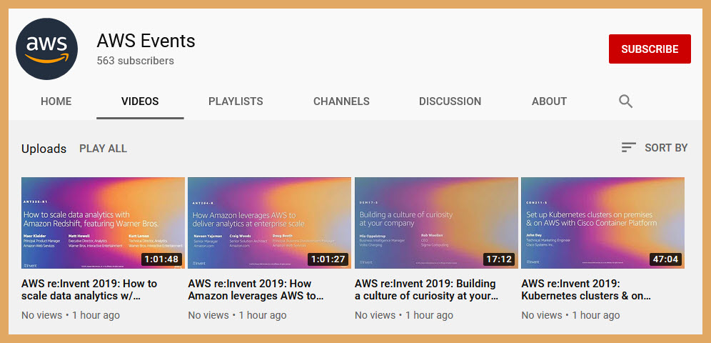 The first several hundred re:Invent session videos are now available at youtube.com/channel/UCdoad…, with more to come! #reinvent