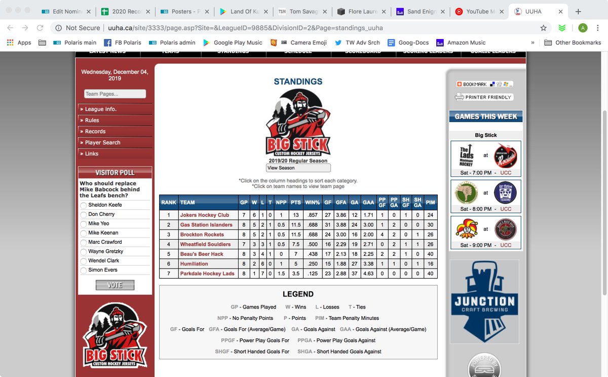 TheUUHA's tweet photo. UUHA standings after nine weeks:
@JokersHC 
@GSIslanders 
#BRockets
#Souldiers
@HackHC 
@The_Humiliation 
@ParkdaleLads https://t.co/RYc3gnHd9n