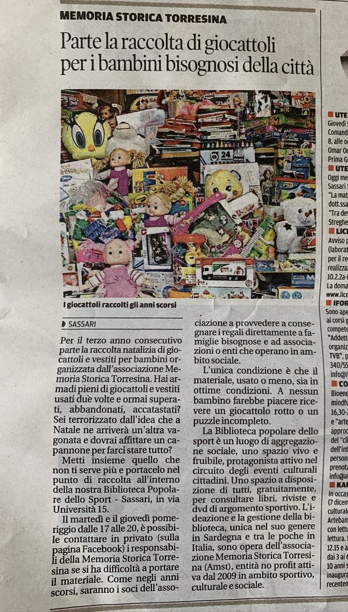 bibliopopsport's tweet photo. Su @lanuovasardegna di oggi si parla della nostra raccolta di giocattoli 
#sassari #bibliopopss https://t.co/5uHh7DGJUa