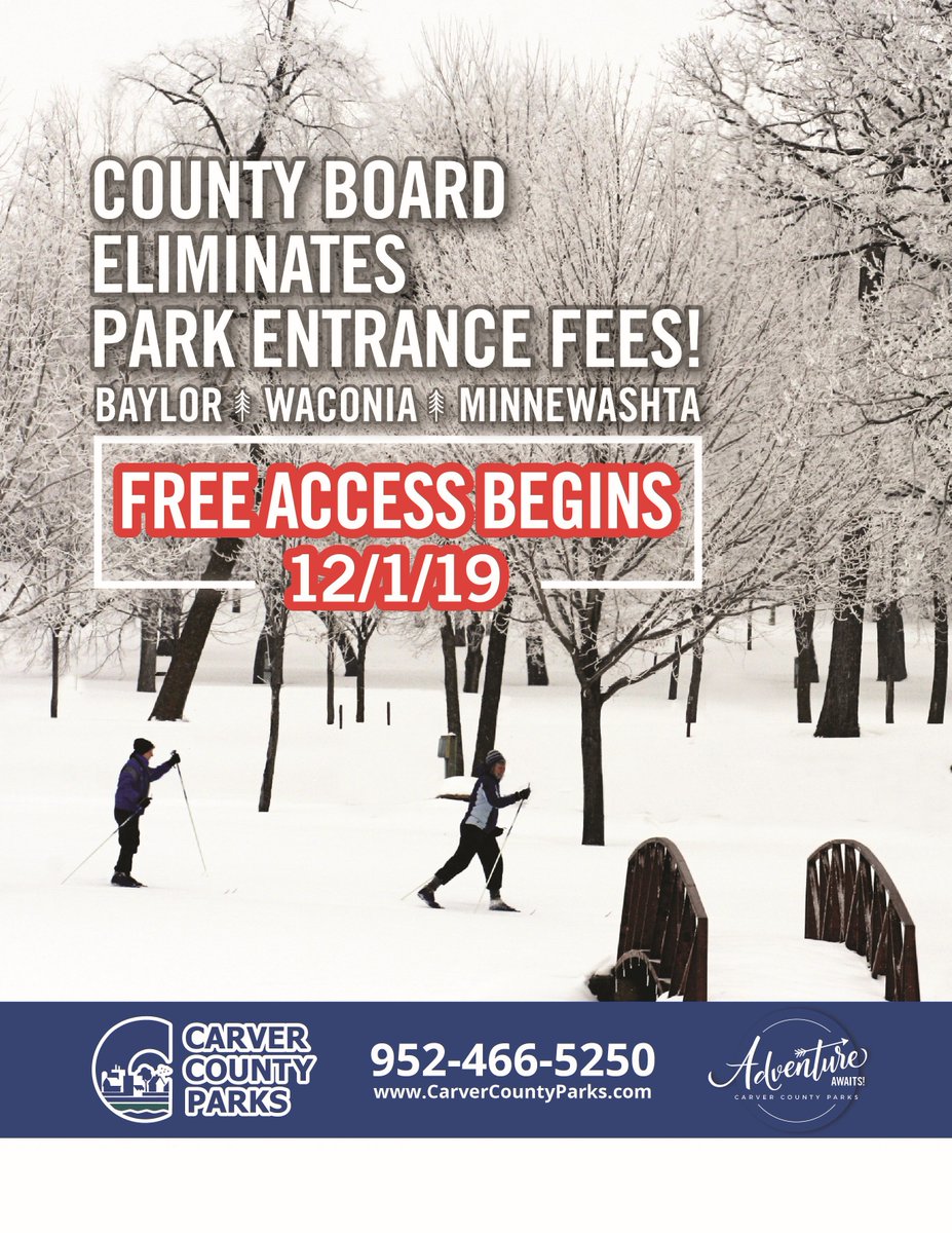 All Carver County Parks officially have FREE access! That means NO parking pass, NO entrance fee, NOTHING!

Thank you to the County Board and the citizens of Carver County for being so supportive of YOUR public parks.
