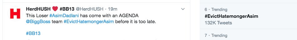 HerdHUSH's tweet image. WE don&apos;t want HATE MONGERS in the show
#EvictHatemongerAsim 

We want entertainers like #SidharthShukla 
#KeepGoingSidShukla

132K Tweets