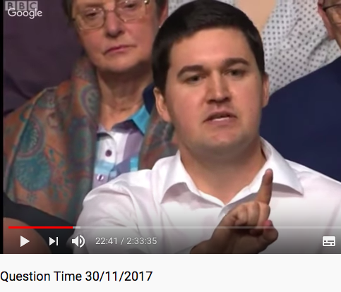 Is this guy the ultimate Question Time superfan? He's been on at least four times, travelling to Peterborough, Scarborough, Lincoln, and then Sheffield tonight. And he always wears the same white shirt. He should get to go on the panel as a treat.