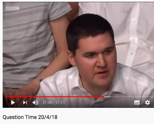 Is this guy the ultimate Question Time superfan? He's been on at least four times, travelling to Peterborough, Scarborough, Lincoln, and then Sheffield tonight. And he always wears the same white shirt. He should get to go on the panel as a treat.