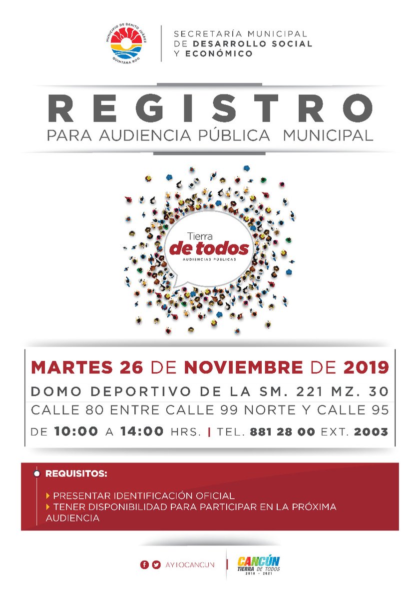 AytoCancun's tweet photo. ¡Nos preparamos para escucharte! 🔊
Ven al domo deportivo de la #Sm221 y regístrate a las audiencias públicas del programa #TierradeTodos ✍
Estaremos de 10 de la mañana a 2 de la tarde ¡Te esperamos! ⏰
#CancúnTierradeTodos https://t.co/St3QIK5xjY