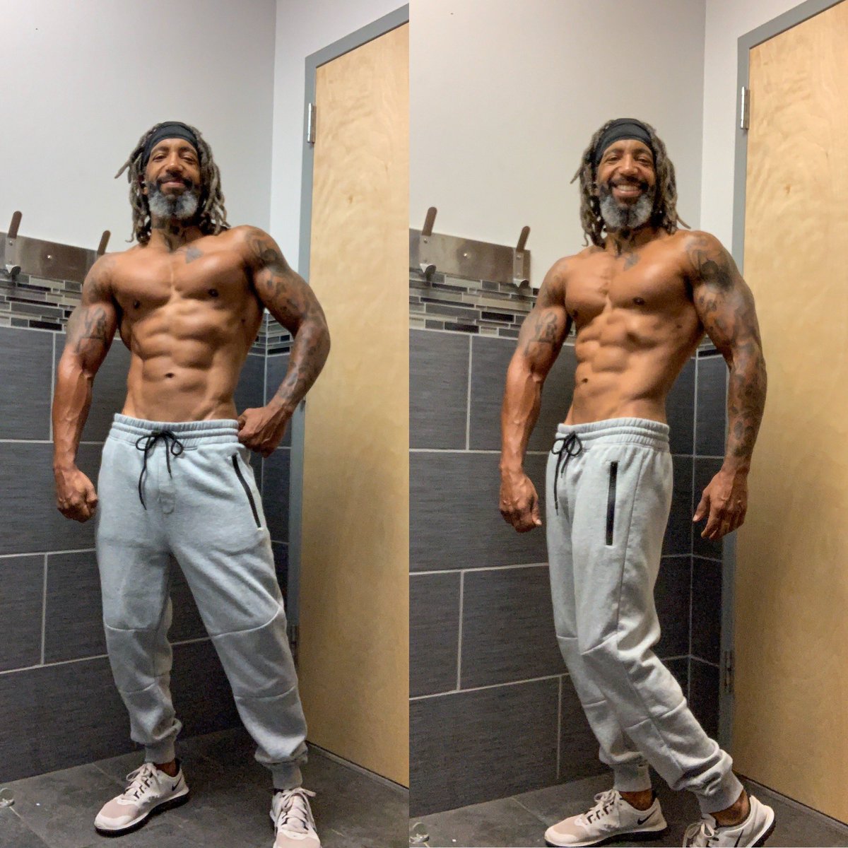 This is 45 💪🏽 #flexfriday #muscles #over40fitness #FridayMotivation #NIKESPORTSWEAR #simplyshredded #grayhairdontcare #menwithlocs #FitnessModel #Philly #armystrong #armyvet #abcheck #trainwiththechief #BeardGang #TheMarathonContinues #victorylap #ShabbatShalom