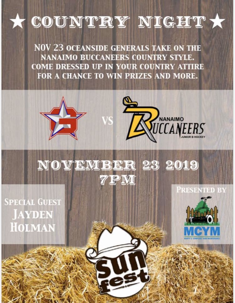 GeneralsJrHKY's tweet photo. Yeeeeeeeehaw ! 

It’s Country Night at the Howie Meeker on Saturday. 

Dress up for your chance to win tickets to @SunfestCountry. 

@JaydenHolman will be singing the National Anthem. https://t.co/nqqBfNHcvm
