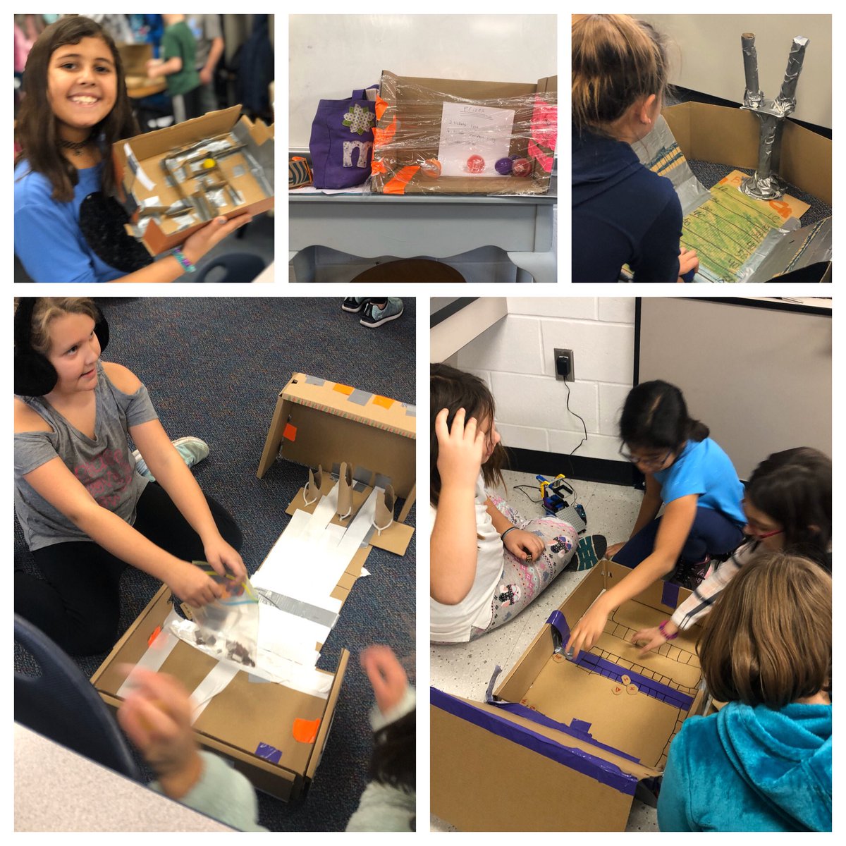 KusicielFourths's tweet photo. We enjoyed stretching our brains with the #CardboardChallenge. Lots of awesome designing, building, testing, and reflecting before we could play our #FearlessFourths games with @StevensBJS class. #engagedOWLS #designthinking @AHSD25Olive https://t.co/P0kIKoVxnE