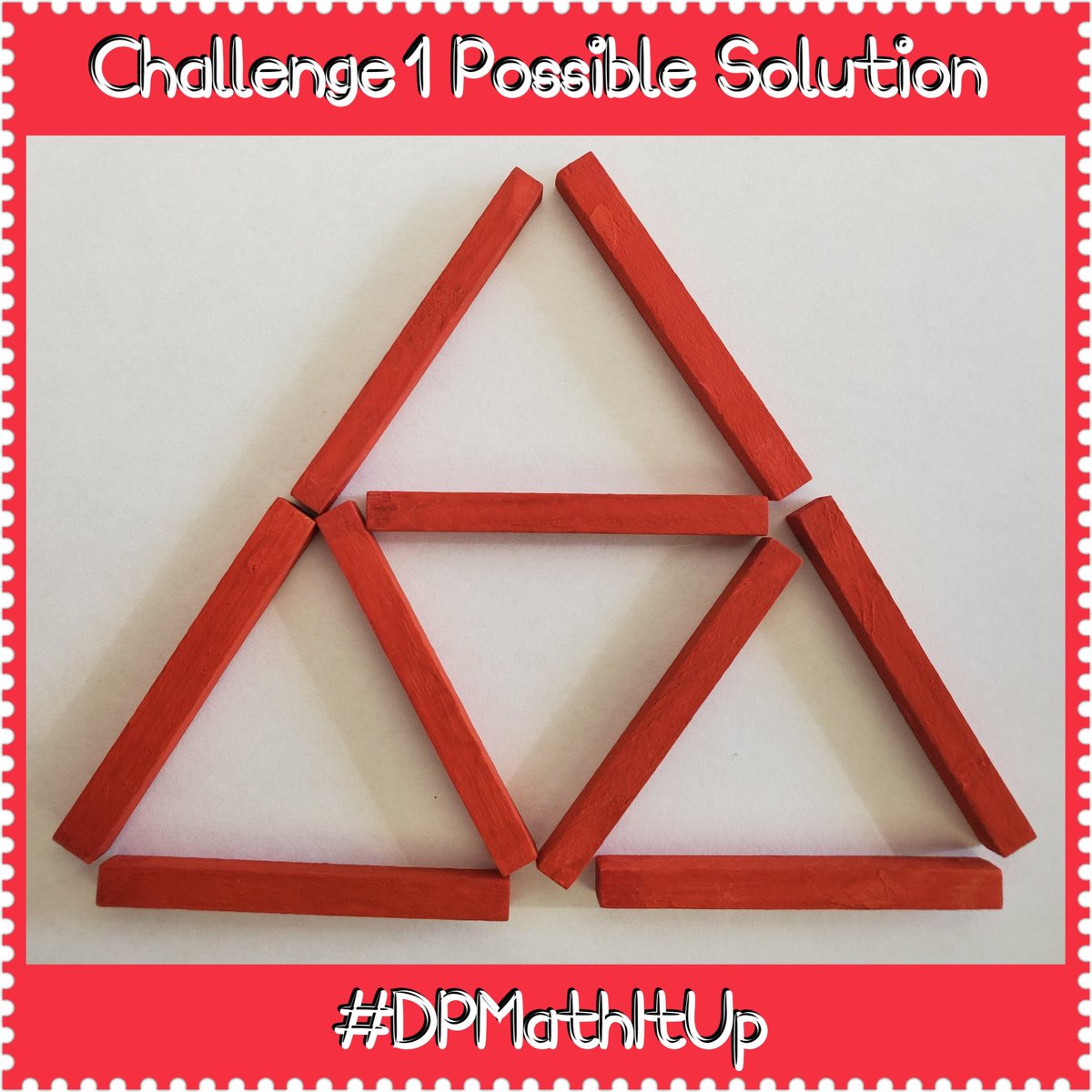 DP_math's tweet photo. We were happy to see so many students engaging w/ this week's #DPMathItUp challenge. TY teacher friends for spreading math excitement. Lots of potential for convos. What makes a corner/vertex? What makes a triangle? Can 2 triangles make a bigger one? Below is a possible soln 👍 https://t.co/Fb67htY0EP