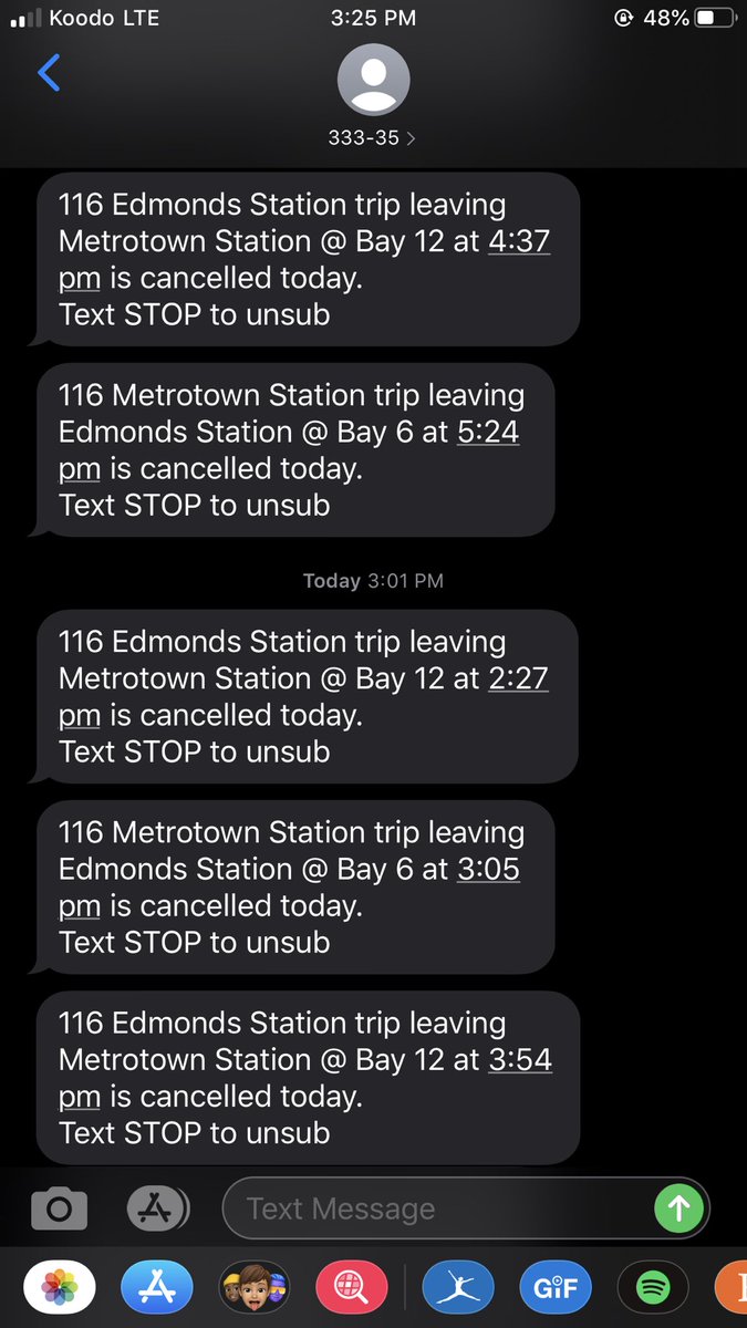 RAnnCastle's tweet photo. @TransLink My problem is that we’re not even being notified when buses are delayed or cancelled. These are the only alerts I’ve received today so why didn’t my 2:20pm bus to Edmonds show up. I’m at stop 61973 https://t.co/r7EA02Sn6g