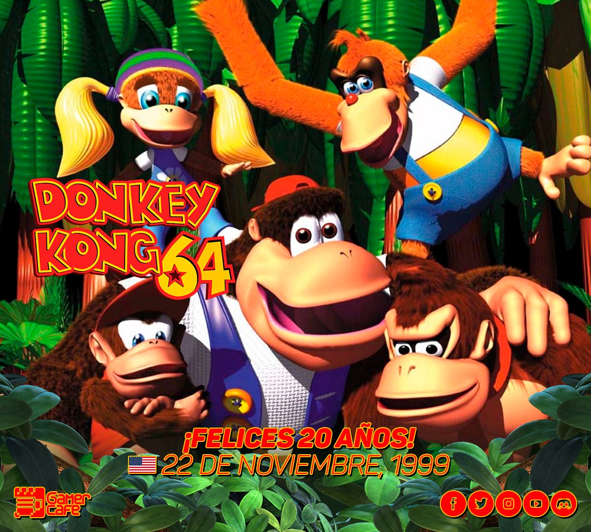 Gamercafe's tweet photo. Ayer era #DKC25, ¡Y hoy kongtinuamos con #DK64!

He-he-here we go!
So they're finally here, performing for you
If you know the words, you can join in too
Put your hands together, if you want to clap
As we take you through this monkey rap!

Huh!

¡Felices 20 años, #DonkeyKong64!🍌 https://t.co/6wfGBLSapg