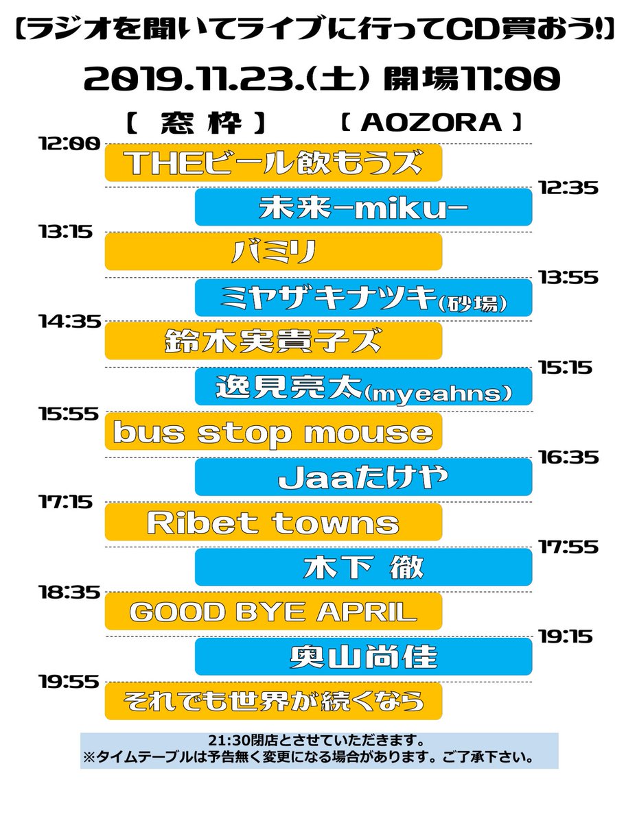 radio_live_cd's tweet photo. い���いよ。本日。
ラジオを聞いてライブに行ってCD買おう！開催です。
皆様のお越しを窓枠にてお待ちしております！本日の出演者はこちら！！当日券あります。 #ララC https://t.co/38zWNU5v0H
