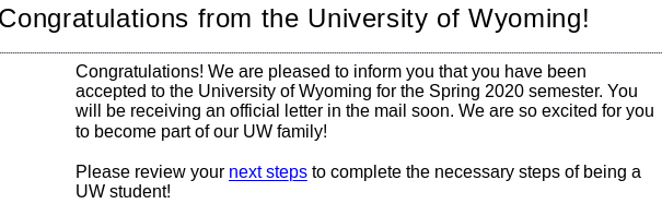 7johnharper7's tweet photo. I've just been accepted to the University of Wyoming! I'm extremely grateful for the fantastic opportunity to be part of such an innovative community... 2020 here I come! https://t.co/dDtgtzN30d