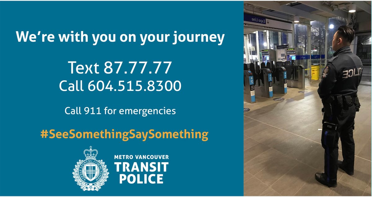 TransitPoliceBC's tweet photo. If you'll be on transit this weekend, help be our eyes and ears. Let us know if you see anything suspicious, or if you are worried about your safety or the safety of someone else. #SeeSomethingSaySomething #TextDontTweet https://t.co/dL45UniRAB