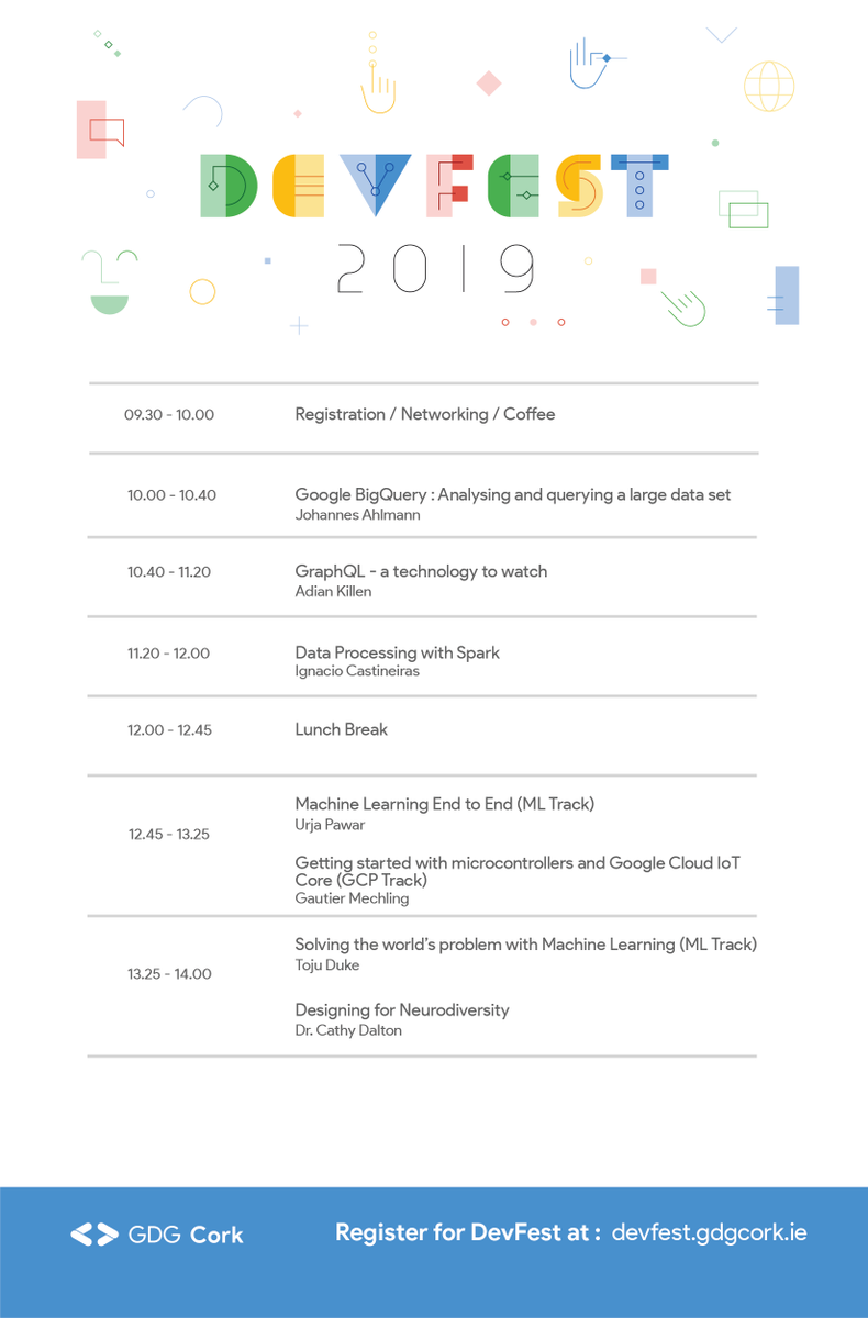 CorkGdg's tweet photo. Looking to broaden your knowledge of Google technologies? #GDG #Cork #DevFest is the answer. Here are the fantastic sessions you can attend at GDG Cork DevFest19. 
Reserve your spot at https://t.co/TOmPXJbvvm https://t.co/auzEth4njz