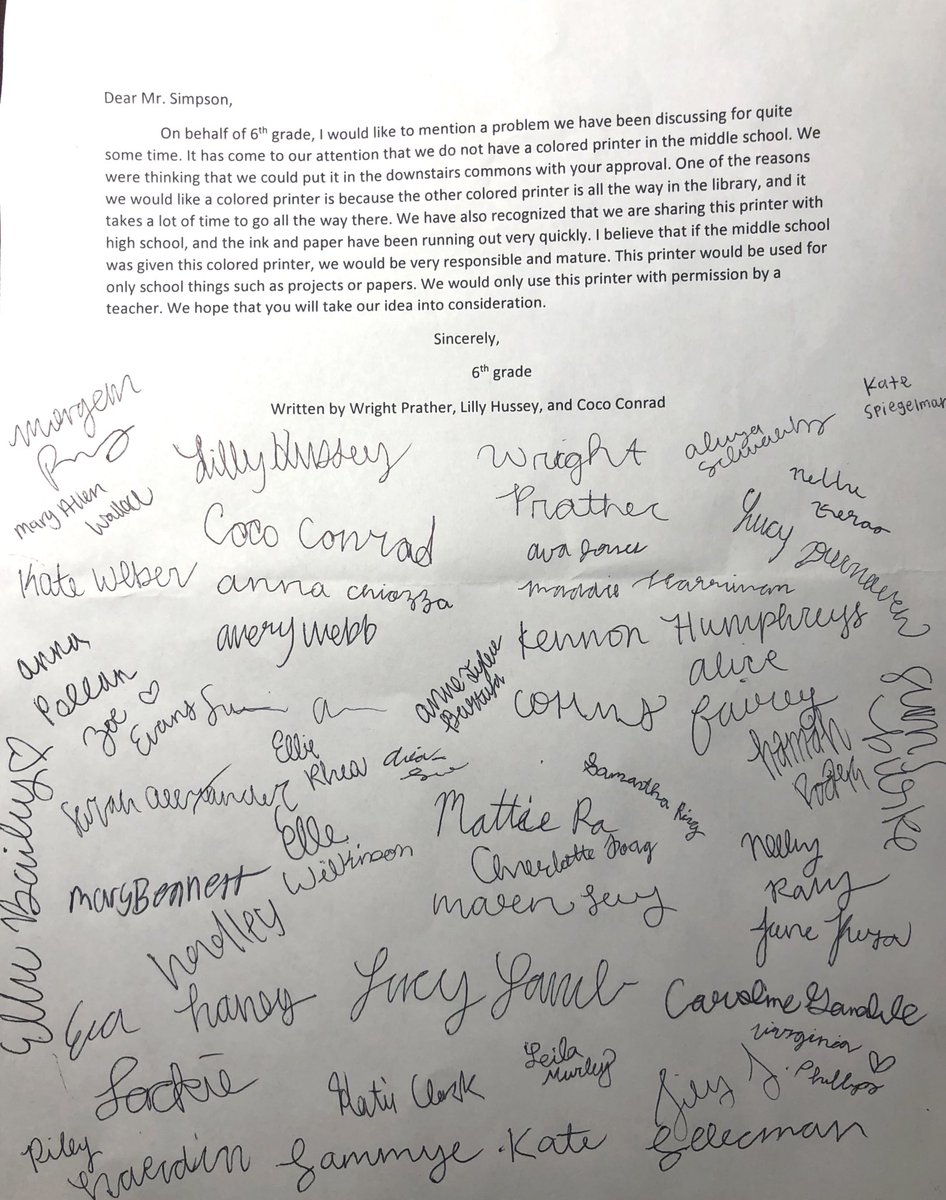 hutchisonms's tweet photo. Some sixth grade students just handed this letter to me. I love working in a school where our girls are able to confidently self-advocate like this! I’m very proud of them. #stronggirls #leadership #eloquence https://t.co/3VPKdm1hPx