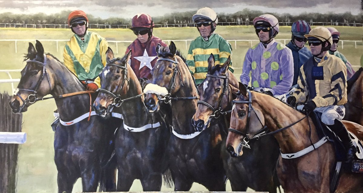 ‘Jostling for Position’. Oil on board. 45” x 25”. With thanks to <a href="/sqweezy/">Louise Pollard</a> for use of reference photos. <a href="/CheltenhamRaces/">CheltenhamRacecourse</a> <a href="/CheltRaceEvents/">CheltenhamRacecourse</a> <a href="/cheltenham/">Cheltenham</a> <a href="/AP_McCoy/">AP McCoy</a> <a href="/Ruby_Walsh/">Ruby Walsh</a> <a href="/WillieMullinsNH/">Willie Mullins</a> #HorseRacing #oilpainting #fineart #exhibition