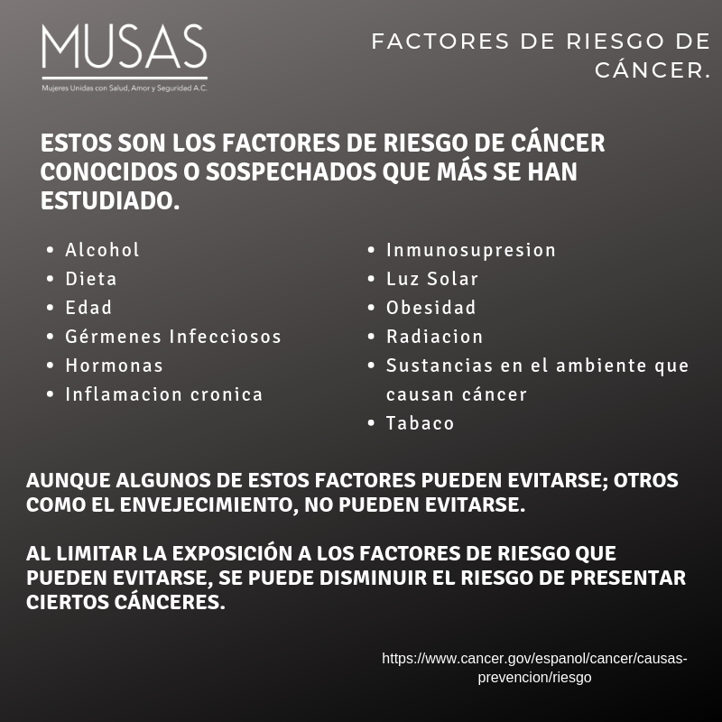 ComunidadMusas's tweet photo. Factores de riesgo de cáncer, algunos pueden evitarse, revisa en cuales estas en contacto y procura limitar exponerte a ellos. #comunidadmusas #VidasQueInspiranaVivir #cancersucks #fuckcancer #cancerdemama #Mexico #MasValePrevenir #PorMasMujeresSinCancer #SinCancer #cancerfree https://t.co/EsiBRPAqZz