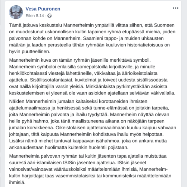 Alastontotuus's tweet photo. Onko aivan varmaa, että tämä "Vesa Puuronen" ei ole fiktiivinen hahmo, johon joku vasemmistolainen kirjailija projisoi omia mielenterveysongelmiaan?
#äänetpäässä #mannerheimkultti #harhat
#venlagate #mannerheimgate https://t.co/se8vJbIDxf
