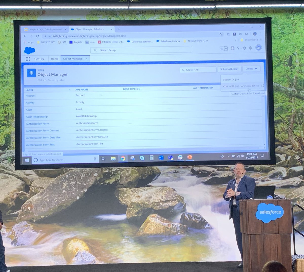 charlieisaacs's tweet photo. The awesome ⁦@DBohrisch⁩ demoing the new Object Creator, allowing you to easily create a new Custom Object from a spreadsheet. #df19 ⁦@Dreamforce⁩ ⁦@salesforce⁩ ⁦@SalesforceMil⁩ https://t.co/sLd6PDKLvw