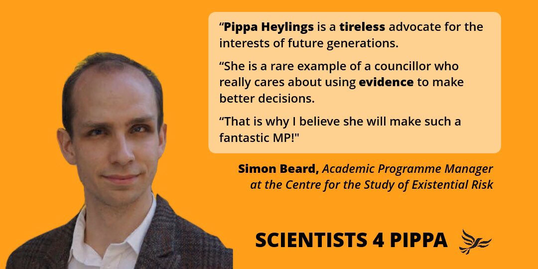 Dr <a href="/Simon_Beard/">Simon Beard</a> spends his days working out how to tackle existential threats - from Climate Change to AI. He’s backing <a href="/pippaheylings/">Pippa Heylings 🔶️ MP for South Cambridgeshire</a> for her tireless activism and commitement to evidence based policy @SECambForEurope <a href="/secambslibdems/">SE Cambs Lib Dems</a> <a href="/GreenLibDems/">Green Liberal Democrats 🔶</a>
